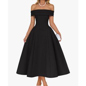 ZESICA Summer Cocktail Dresses for Women's Elegant Off Shoulder Short Sleeve Swing A Line Wedding Evening Party Midi Dress XS