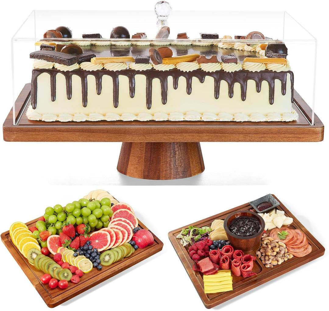 HouseJoy Acacia Wood Cake Stand with Lid-Extra Large 17" Rectangular Cake Holder,2-in-1 Dessert Table Display Set & Charcuterie Board,Acrylic Cake Dome Cover for Cheese/Veggie/Desert /Chips & Dip