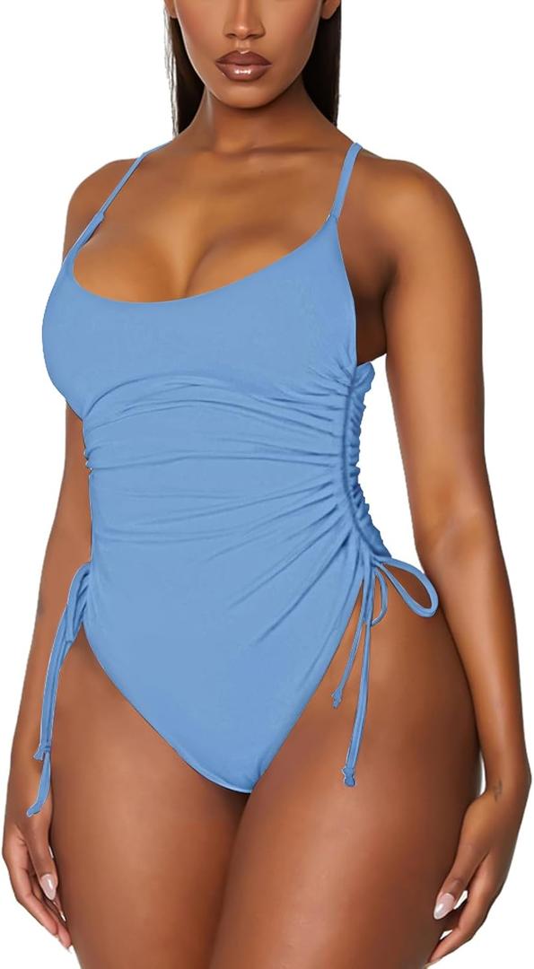 Viottiset Women's Ruched High Cut One Piece Swimsuit Tummy Control Bathing Suit Monokini (Navy Blue)XL