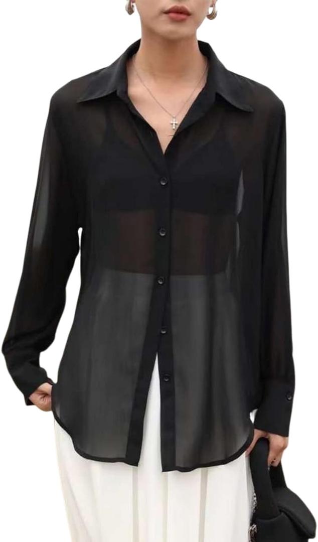 Arssm Women Sheer Button Up Blouse Mesh Long Sleeve Sexy See Through Tops Fashion Trendy Mesh Shirts Tops (Large, Black)