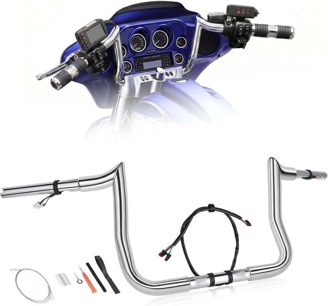 Pre-Wired 1 1/4" Fat 12" Rise Ape Hangers Handlebars Fit for Harley Touring Miter Cut Street Glide/Electra Glide/Ultra Limited 2014-2023, 1" Clamp Meathook Monkey Bar (Chrome)