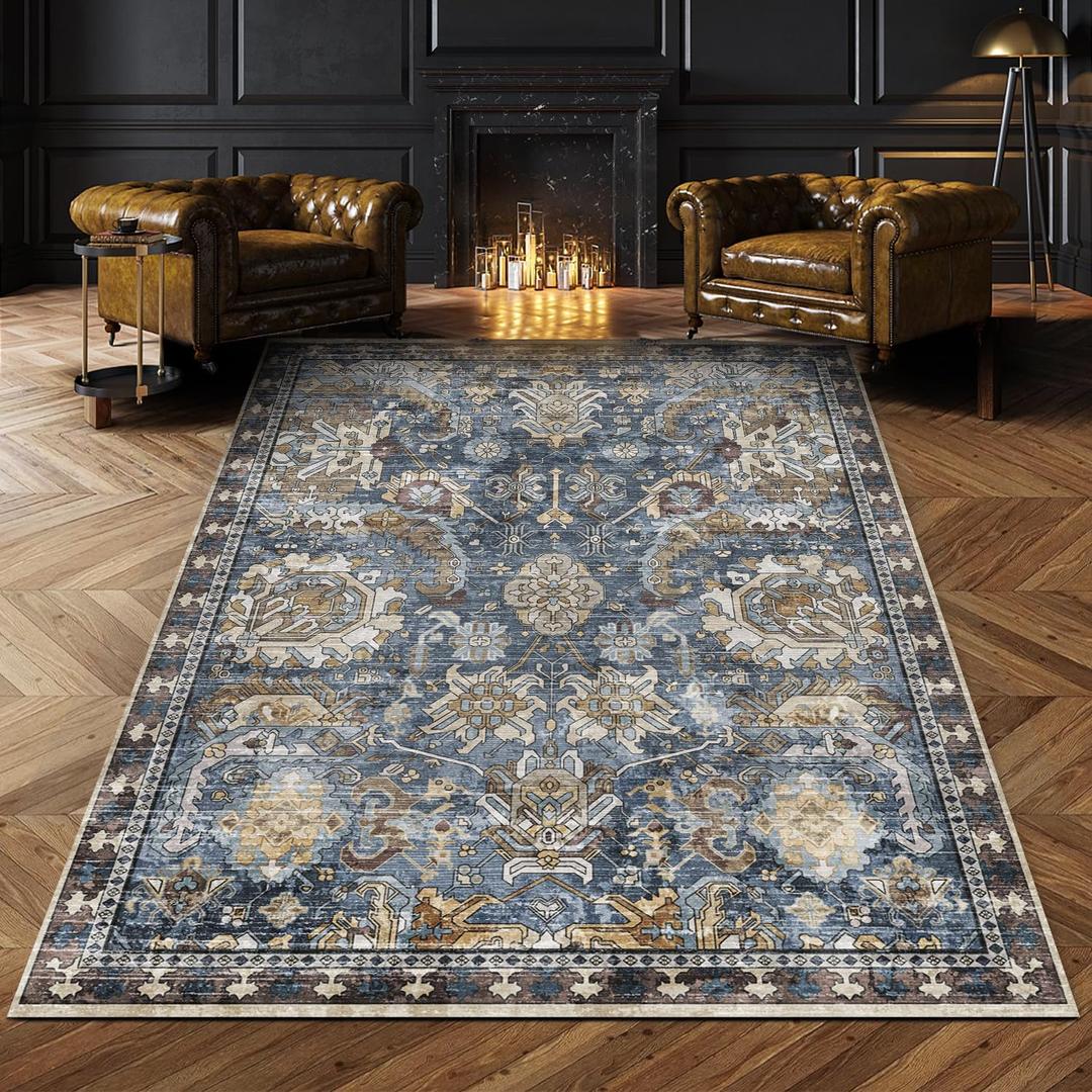 RUGSURE Washable Area Rugs - Perfect for Living Room, Bedroom, Kids Room, Nursery - Stain & Water Resistant Non-Slip, Pet & Child Friendly, Vintage Tribal Area Rugs (Navy, 4' x 6')