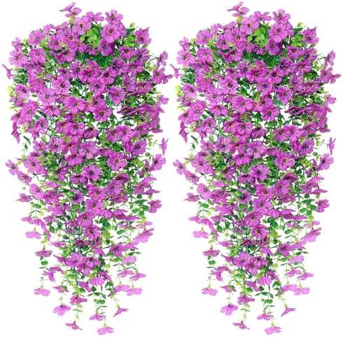 UXORSN 3 Pack Artificial Hanging Flowers for Outdoors 30 Inch Purple Fake Orchid Flower UV Resistant Faux Outdoor Hanging Plants Greenery for Window Planter Patio Yard Garden Decor