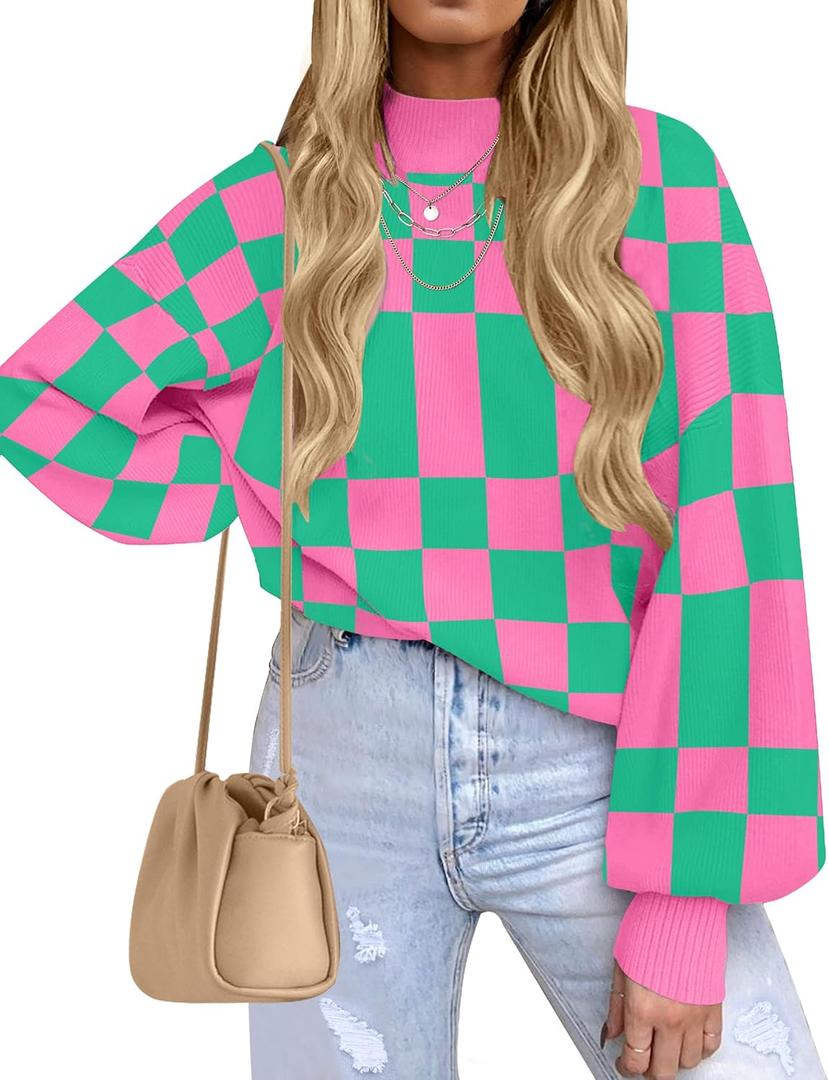 ZESICA Women's Casual Turtleneck Long Lantern Sleeve Fall 2026 Oversized Ribbed Knit Pullover Sweater Jumper Top (M)