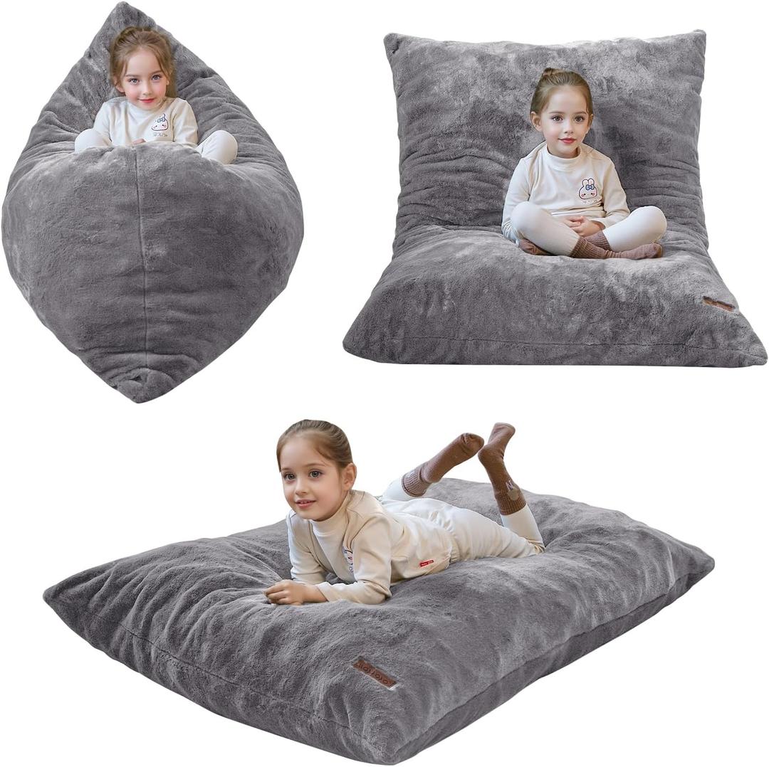 MAXYOYO 3 in 1 Kids Bean Bag Chair Bed, Child Floor Sofa for Gaming, Reading, Faux Fur Floor Mattress with High Density Foam Filling for Living Room Bedroom
