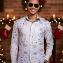 DiBanGu Christmas Shirts for Men Holiday Button Down Snowflake Dress Shirts Xmas Festival Long Sleeve Shirt for Vacation (3X-Large, White Gold)