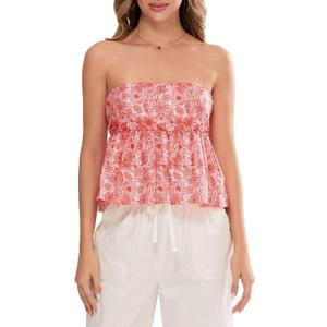 Women's Tie Back Cropped Tube Top Cute Floral Strapless Babydoll Peplum Tops Trendy Summer Casual Flowy Bandeau Outfit, Medium