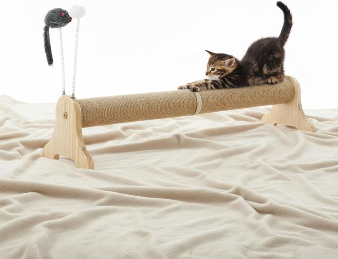 30 Inch Winter Horizontal Cute Cat Scratching Post Sisal Wooden Scratchers for Indoor Cats with 2 Interactive Cat Toys Wall Furniture Protector Kitten Enrichment Toy(Round)