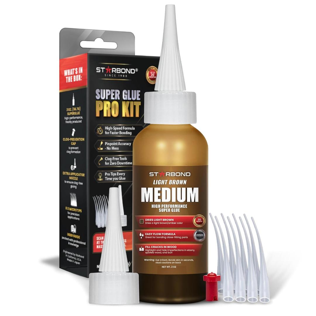 STARBOND Light Brown Medium CA Glue Pro Kit (2 oz) Premium Cyanoacrylate Super Glue Knot Filler for Woodworking, Woodturning, Carpentry, Furniture Repair, Crack Filling, Guitar Repair, Hobby