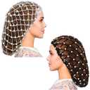 MTLEE 2 Pcs Black and Gray Mesh Crochet Pearl Hair Snood Rayon Knit Crocheted Sleeping Cap Net for Women Long Curly Hair