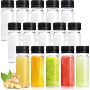 Xuyyicao 30 Pcs 2 Oz Small Plastic Bottles for Liquids,Ginger Shot Bottle with Lids,Reusable Bulk Beverage Containers for Juice,Liquor,Potion,Wellness,DIY,Wedding,Party,Travel(Black Cap)