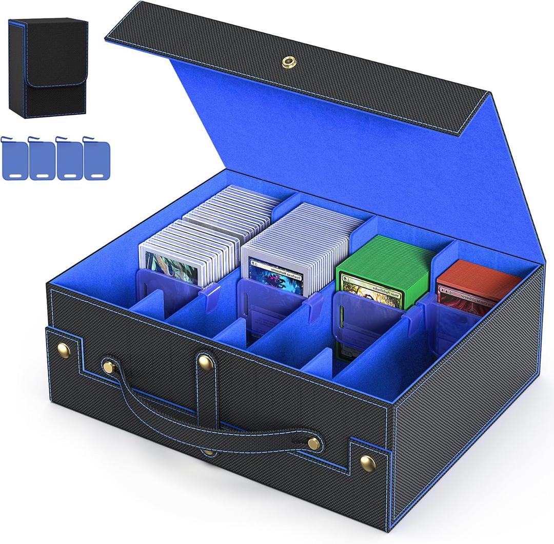 Budding Joy Card Deck Box for MTG with Small Case, 2200+ Commander Trading Card Storage Box with Portable Handle, Magnetic Deck Case Fits for Top Loader TCG, PTCG, Sports, Magic Cards, Black Blue (4 Rows)