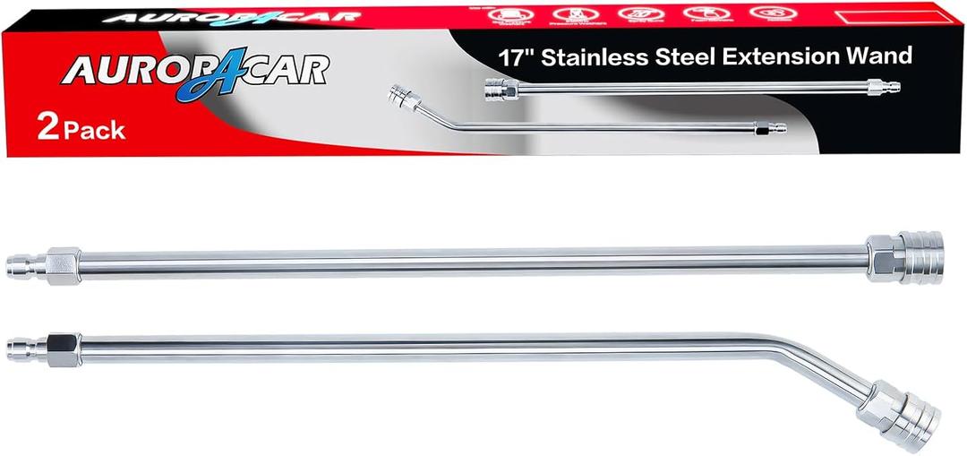 Pressure Washer Extension Wand, Power Washer Wand Extension, Stainless Steel Lance 1/4 Inch Quick Connect to M22, 17 Inch Extension Wand and 30 Degree Curved Angled Extension Wand, Pack of 2
