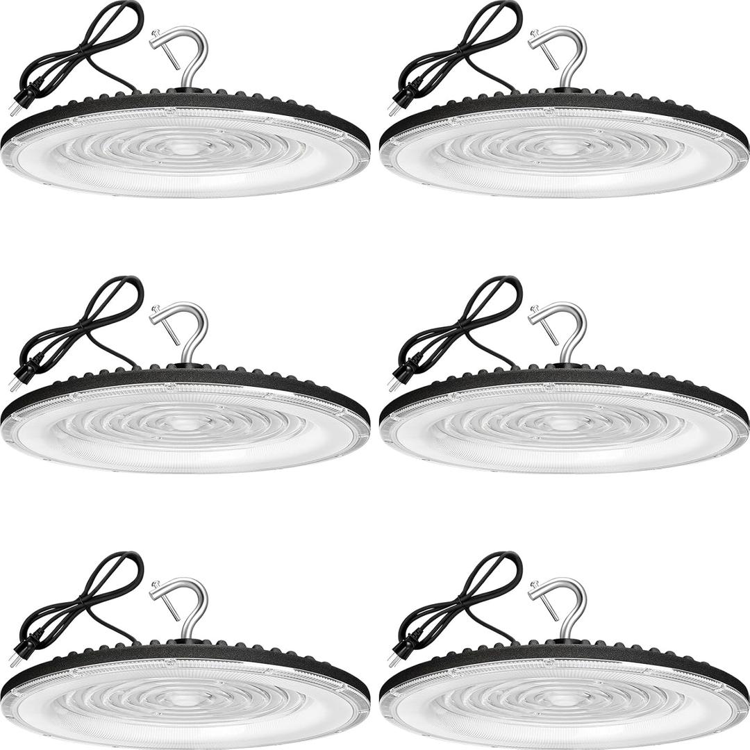 6 Pack 200W UFO Led High Bay Light,IP66 Waterproof,120VAC,30500LM 5000K Daylight Commercial Bay Lighting,850W MH/HPS with Plug Area Lighting for Warehouse/Shop/Workshop/Barn/Gym/Factory