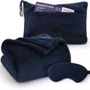 Bedsure Travel Blanket Airplane Compact with Storage Bag, Packable Blanket with Eye Mask, Lightweight 2-in-1 Travel Essentials, Functioned as Pillow for Airplane Comfort and Warmth, Navy (Throw)