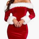 Christmas Party Sexy Dresses- Womens Off The Shoulder Long Sleeve Fur Trim Velvet Ruched Bodycon Club Mini Dress M
