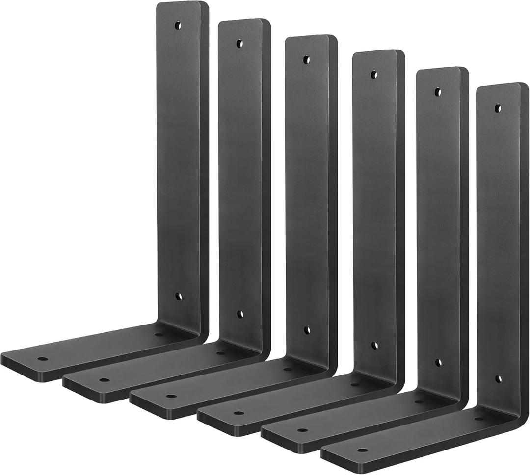 Heavy Duty Shelf Brackets 10 Inch, 6 Pack Floating Shelf Brackets, L Wall Shelf Bracket for DIY Decorative with Mounting Hardware, L 10" x H 6" x W1.5", Black 6 Pack