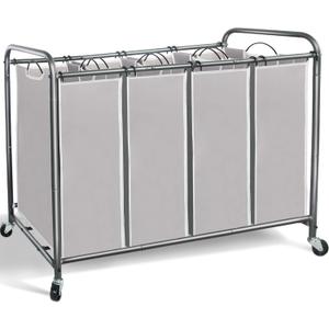 STORAGE MANIAC Laundry Sorter 4 Section, 47.8 Gal (181 L) Laundry Hamper with Wheels, Clothes Divider Basket Sorter, Clothes Separator Hamper Cart with Wheels and Removable Bags, Gray