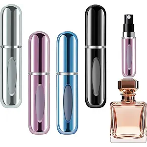 Refillable Perfume Portable Atomizer Bottle Refillable Perfume Spray, Leak-Proof Perfume Spray Bottle, Travel Perfume for Traveling and Outgoing (5ml, 4 Pack Silver/Pink/Blue/Black)