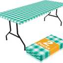 Smiry Picnic Table Cloth 2 Pack, Waterproof Elastic Fitted Tablecloths for 8FT Rectangle Tables, Washable Polyester Buffalo Plaid Tablecloth for Camping, Dining & Outdoor (Green & White, 30" x 96")