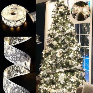 Ribbon Lights for Christmas Tree Decorations,32ft 100 LED Lights Silver Edge Wired Ribbon Fairy Lights for Xmas Tree Wedding Birthday Party Home Holiday Decor