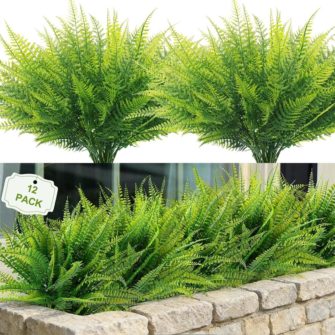 FGSAEOR 12 Bundles Artificial Boston Ferns Flowers for Outdoor Indoor, Faux Flower with Eucalyptus Leaves Fake Plants Greenery, Garden Home Decor (Persian Grass)