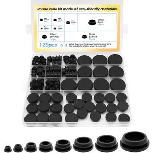 125Pcs Black Rubber Plug Box, Various Sizes of Round Hole Silicone Tool, Rubber Plugs for Round Holes, Silicone Plugs Suitable for Car Wiring Furniture