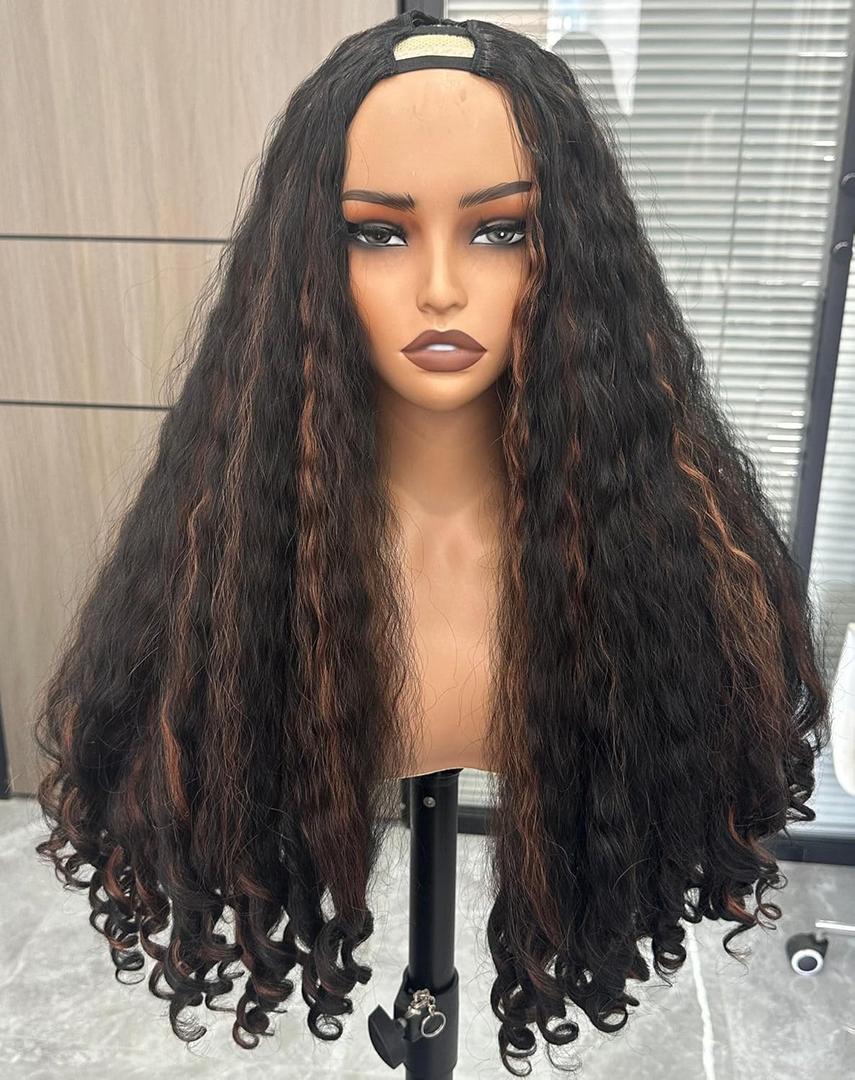 Afro Wig V Part Kinky Curly Wigs for Black Women, 180% Density Wear and Go Glueless Wig with Unique Bouncy Curls in the End, Synthetic No Leave out Clip in (#1BH30 Highlights Brown, 24 Inch)