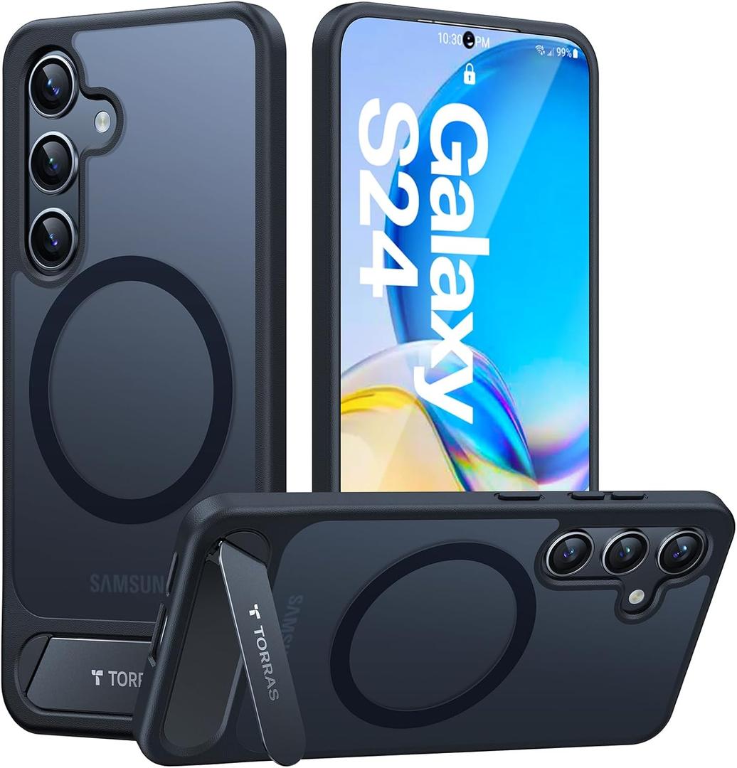 TORRAS Strong Magnetic & Seamless Stand for Samsung Galaxy S24 Case for MagSafe, 12FT Mil-Grade Drop Protection, Adjustable Kickstand for Samsung Galaxy S24 Case, Translucent Back/Black Edge