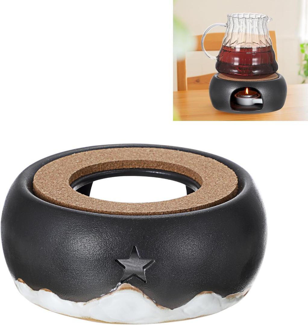 BSTKEY Teapot Warmer, Ceramic Tea Warmer with Tealight Holder and Cork Cushion, Teapot Heater for Heating Coffee Milk Tea (Black, Star Style)
