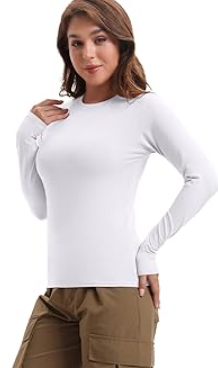 HOPLYNN Womens Long Sleeve Shirts Crew Neck Basic Compression Slim Fitted Workout Undershirts Baselayer Tops (White, M)