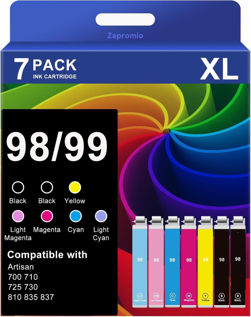7-Pack 98 99 Ink Cartridge Remanufactured for Epson T098 T099 Ink Combo for Artisan 700 710 725 730 800 810 835 837 Printer (2 Black,1 Cyan,1 Magenta,1 Yellow,1 Light Cyan,1 Light Magenta)