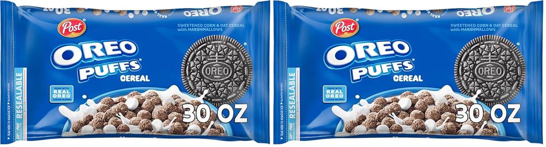 Post OREO PUFFS Cereal, Chocolate Breakfast Cereal, 30 oz bag (Pack of 2) Best Before Jan. 16, 2027