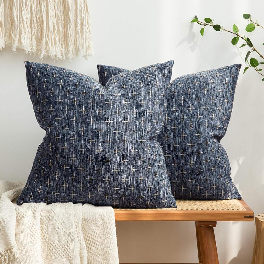 MIULEE Pack of 2 Decorative Burlap Linen Outdoor Throw Pillow Covers Modern Farmhouse Vintage Pillowcase Rustic Woven Textured Cushion Cover for Sofa Couch Bed 20x20 Inch Blue (20" x 20" (Pack of 2))