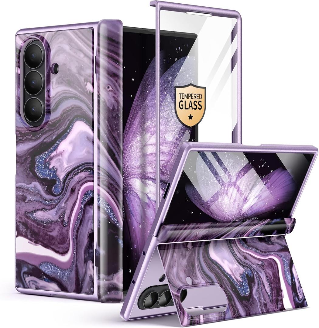 GVIEWIN for Z Fold 7 Case Built-in HD Screen Protector [Compatible with Magsafe][Hidden Kickstand] Magnetic Full-Body Hinge Protection Slim Phone Case for Samsung Galaxy Z Fold 7, Quicksand/Purple