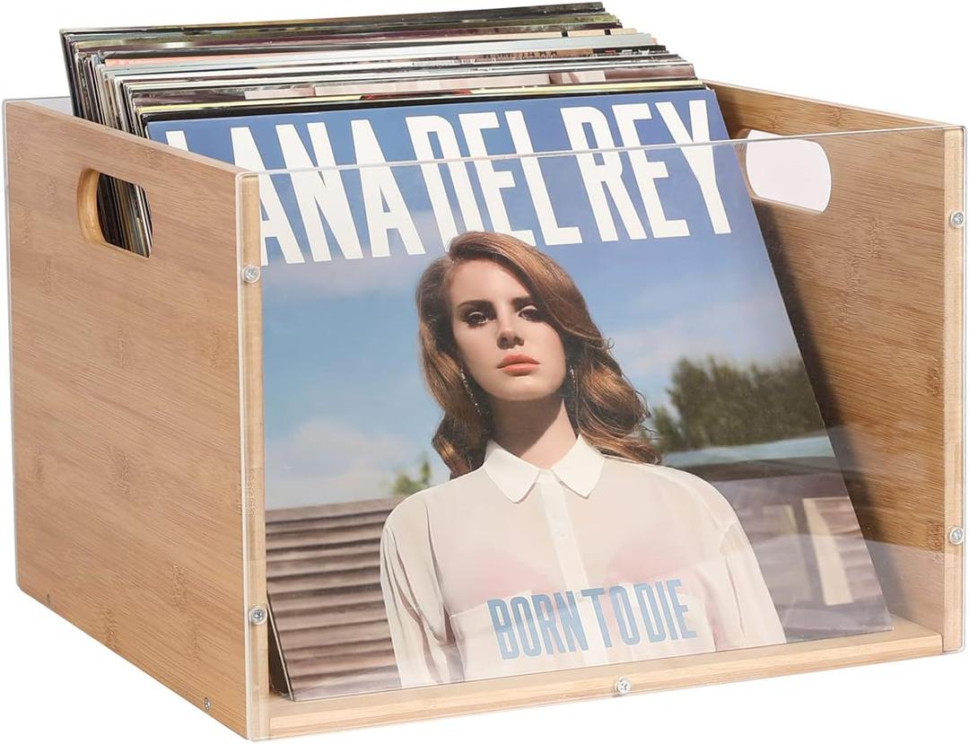 X-cosrack Vinyl Record Storage Crate, Visible Acrylic & Bamboo Vinyl Record Holder with Handle, Record Crates for Vinyl LP Album Magazine, Cube Box Storage and Organizer, Easy to Assemble