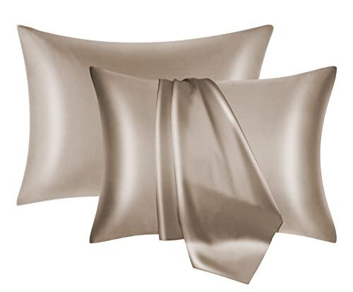NOLRDR Mulberry Silk Pillowcase 2 Pack for Hair and Skin with Hidden Zipper,Both Sides 19 Momme Smooth (Taupe, King 20''×36'')