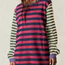 BLENCOT Women's Oversized Patchwork T Shirts Fall Long Sleeve Striped Color Block Loose Fit Pullover Tops (Red, M)