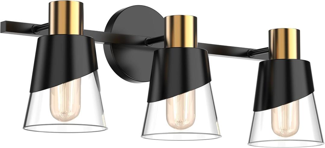 URSOLA Bathroom Vanity Light, 3 Lights Bathroom Light Fixtures Over Mirror, 20.47 inch Bathroom Light Fixtures, Black and Gold Design with Bevelled Edge and Clear Glass Shade Wall Lamp