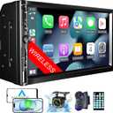 Wireless 7 Inch Double Din Car Stereo with Apple Carplay,HD 1024 * 600 Touch Screen,FM Car Radio Receiver with Bluetooth 5.1 Hands-Free,GPS Navigation,Backup Camera,Android Auto,USB/AUX/TF/SWC/EQ