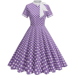 50s Style Dresses for Women Vintage Short Sleeve Tie Neck Polka Dot 1950s Housewife Dresses for Womens Swing 50s Audrey Hepburn Church Cocktail Dress Retro Tea Party Dress Up Purple XL