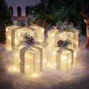 Set of 4 Christmas Lighted Gift Boxes, Pre-lit Light up Present Set with Different Sizes for Holiday Indoor Outdoor Decorations - Battery Operated(Warm White)
