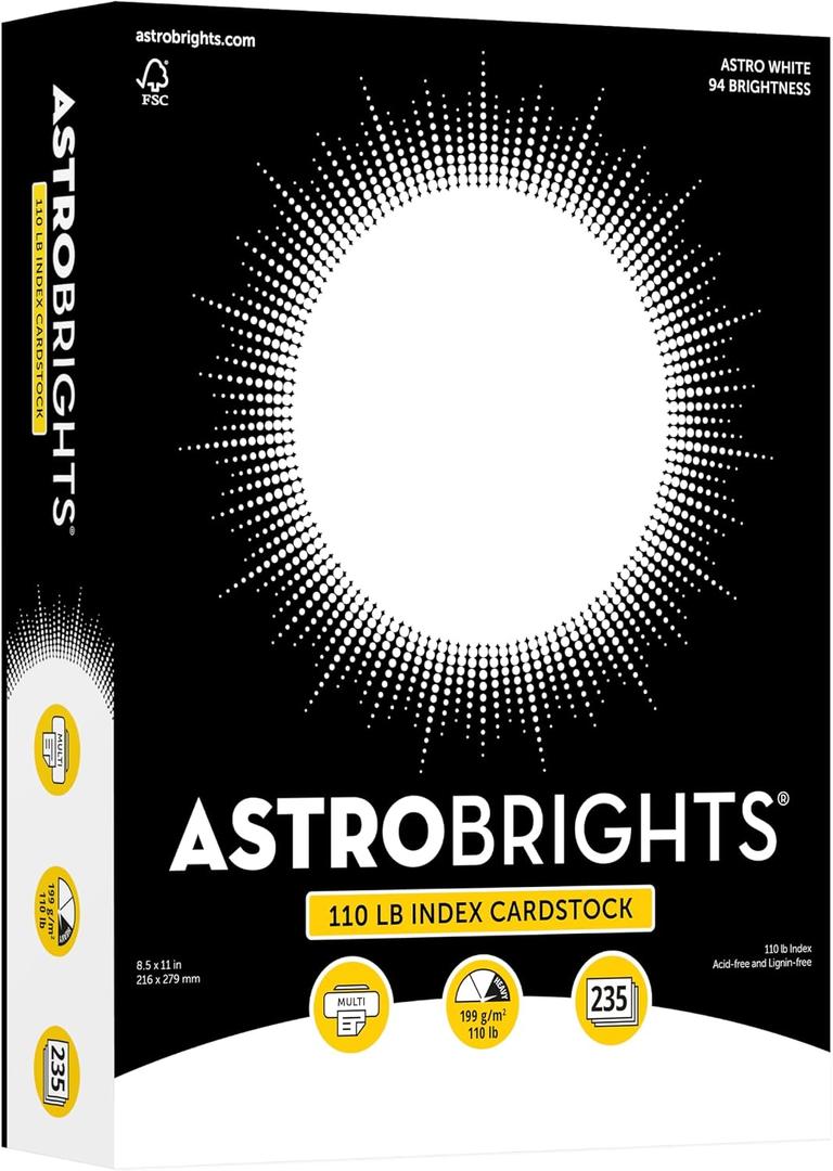 Premium Astrobrights White Cardstock, 8.5" x 11", 110 lb. Index, 94 Brightness, 235 Sheets - More Sheets, Heavyweight Astro White Card Stock for Invitations, Business Cards, Crafts and Printing