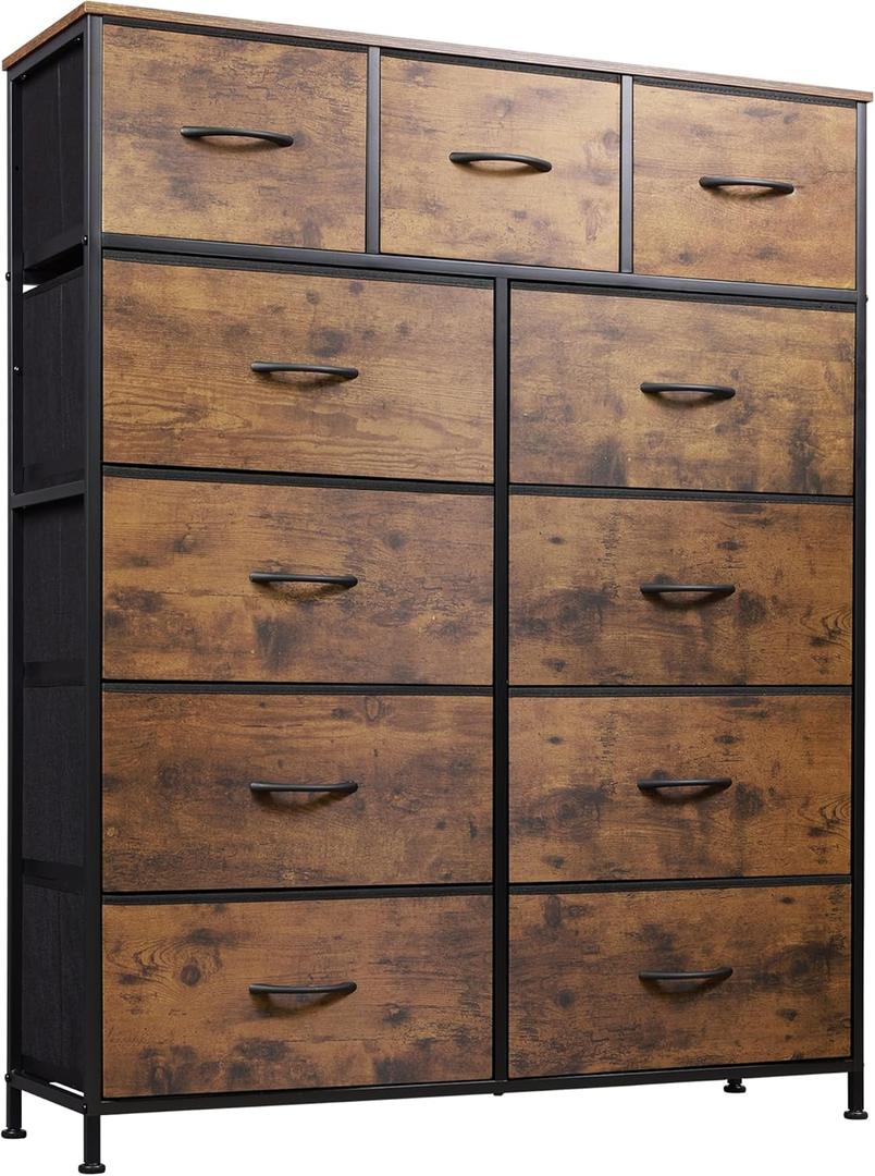 WLIVE Tall Dresser for Bedroom, Fabric Dresser Storage Tower, Dresser & Chest of Drawers Organizer Unit with 11 Drawers, Storage Cabinet, Hallway, Closets, Steel Frame, Wood Top (Rustic Brown Wood Grain Print)