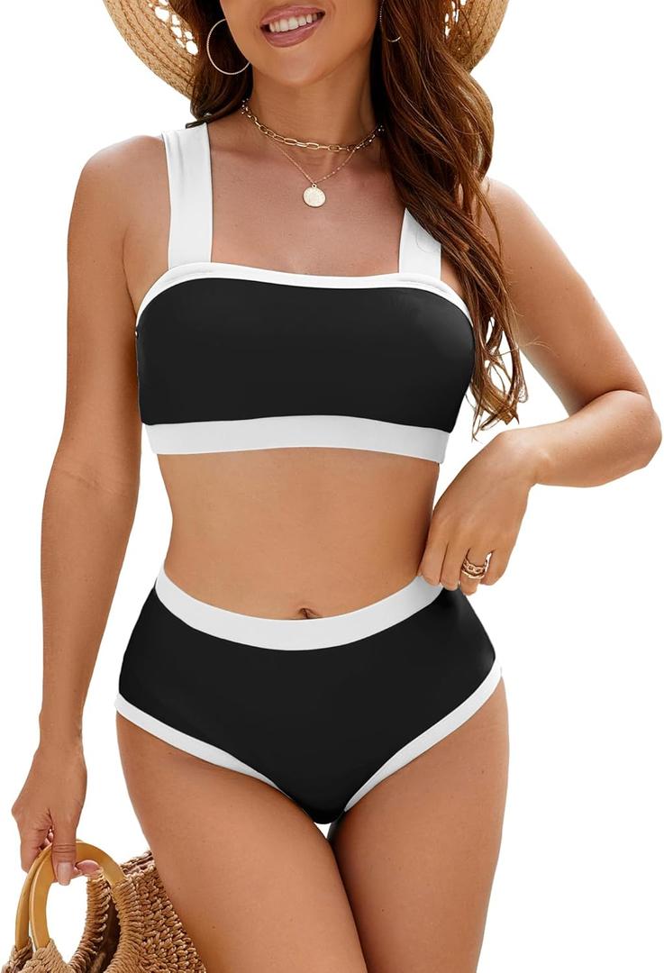 Women High Waisted Bikini Set- Color Block Two Piece Swimsuit Tummy Cotrol Bathing Suit Bandeau Top Coverage Bottom (Black, L)