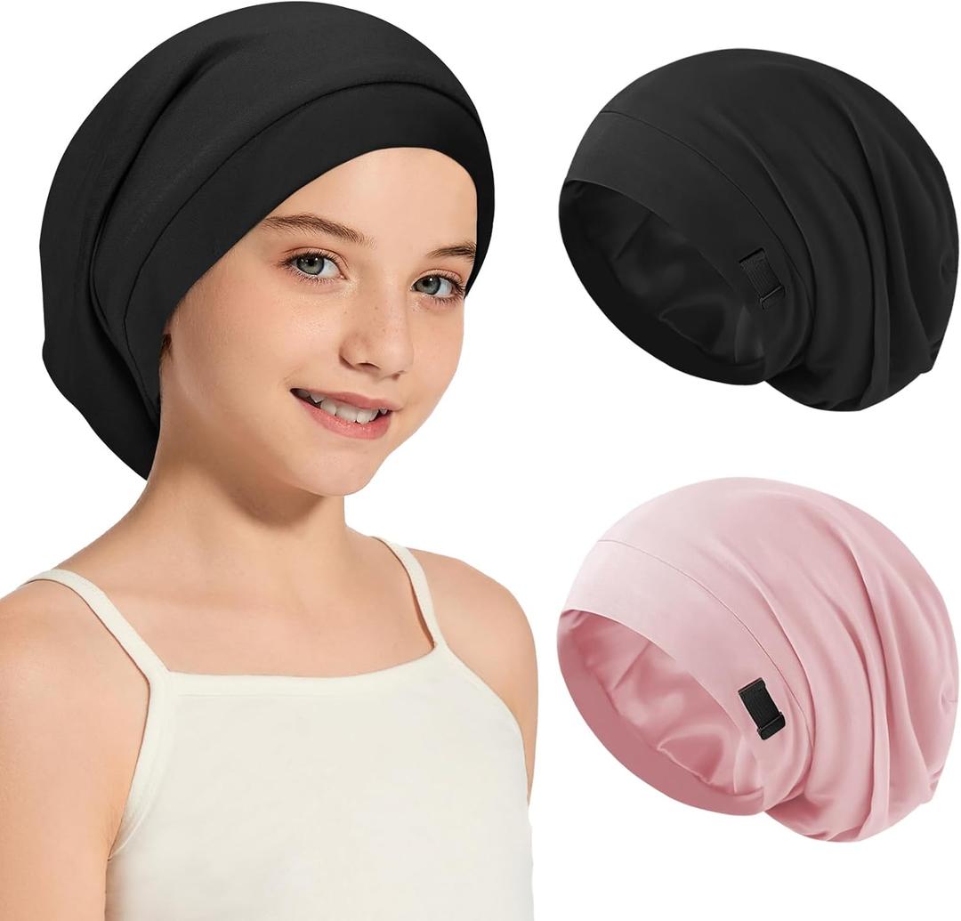 Kids Bonnets for Girls Boys Adjustable Double-Layer Sleep Cap Slouchy Beanie Hat for Curly Hair (Color 01)