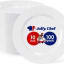JOLLY CHEF 100 Pieces White Plastic Plates-10 Inch Elegant Disposable Plastic Plate, Disposable White for Weddings,Parties,Christmas,Birthdays and Events