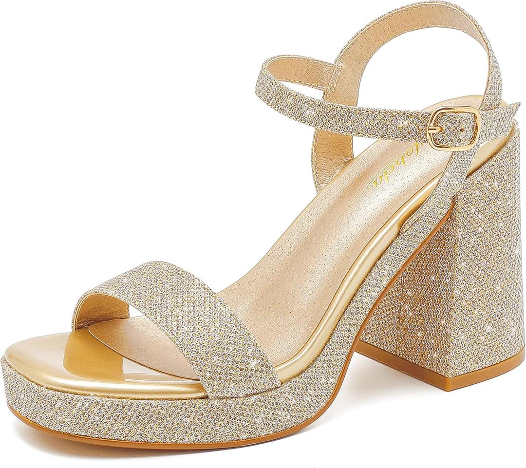 Platform Sandals Women Fashion Block Chunky Heeled Sandals Open Toe High Heels Evening Wedding Party Prom Dance Summer Ankle Strap Dress Shoes (8, Glitter Gold)