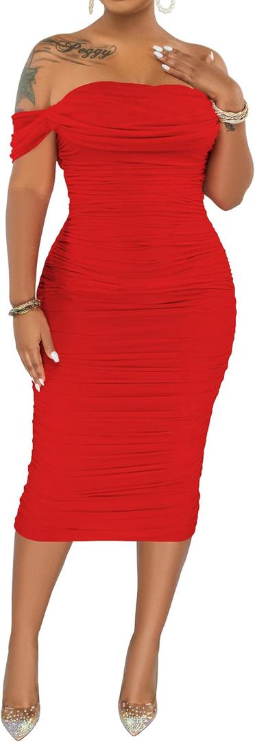 PINSV Women Ruched Off Shoulder Dress Bodycon Party Elegant Midi Dresses, Large