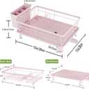 Dish Drainer Rack with Drip Tray, Sink Dish Drainer with Drainage Spout, Stainless Steel Dish Drying Rack with Cups, Utensil & Cutting Board Holders for Kitchen Counter Space-Saving, Pink